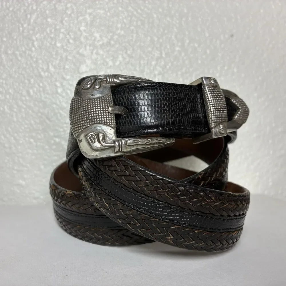 Brighton Leather Belt Mens 38 Black Braided Woven Western Silver Buckle Onyx